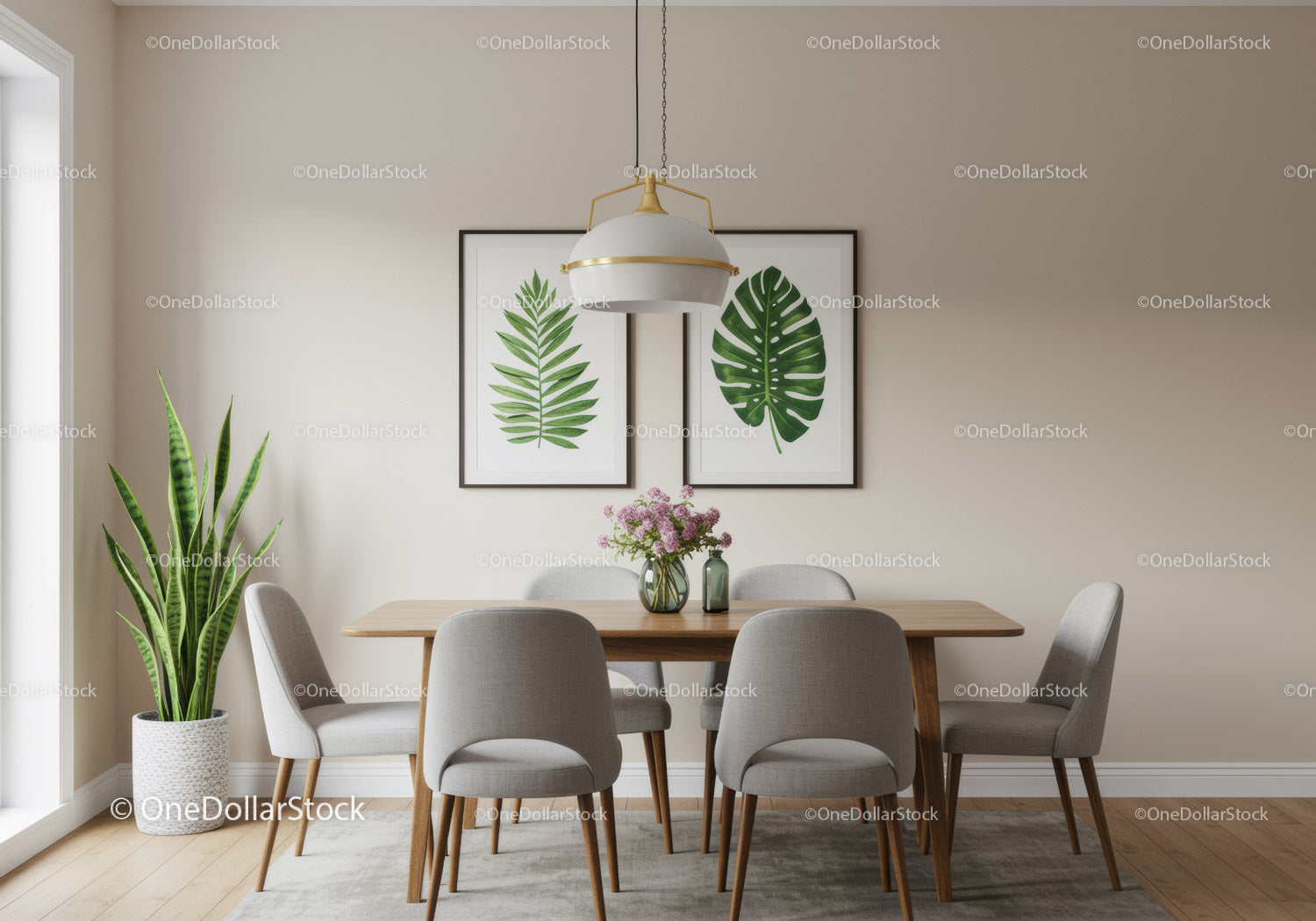 Nowoczesna jadalnia z szarymi krzesłami i botaniczną grafiką ścienną