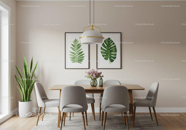 Contemporary Dining Room with Gray Chairs and Botanical Wall Art