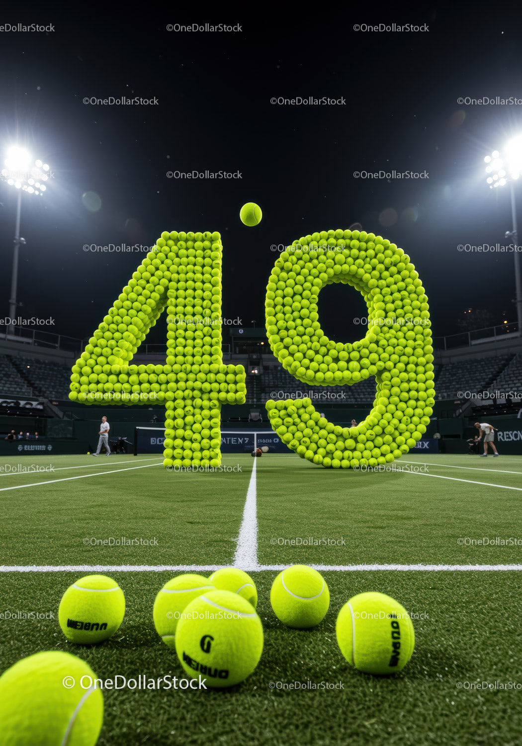 Tennis balls forming 49 on illuminated court at night