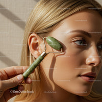Close-Up of Woman Using Jade Roller for Facial Massage and Skin Care