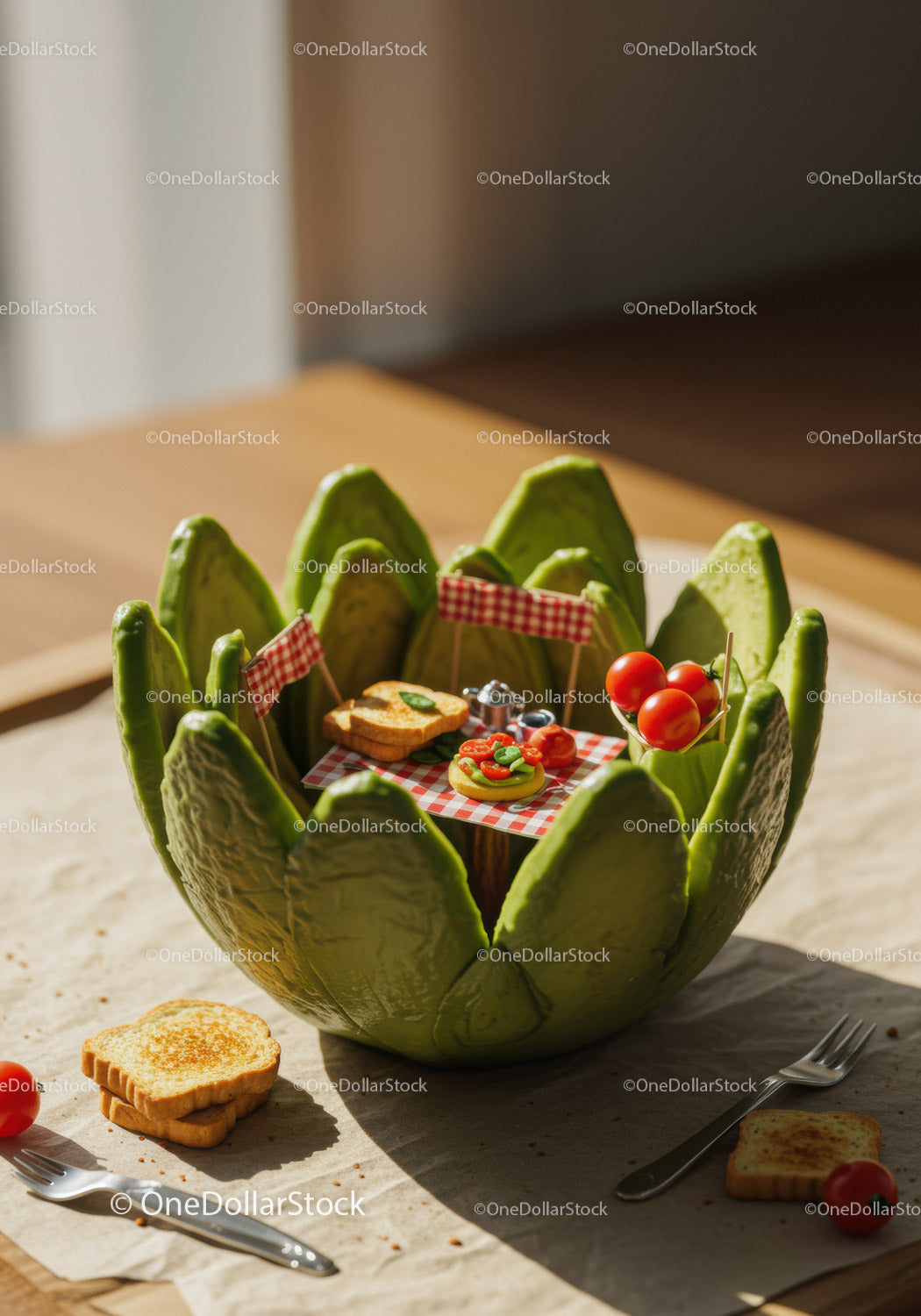Creative Avocado Bowl Picnic with Miniature Food Scene