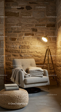 Cozy Reading Corner with Neutral Armchair and Warm Light
