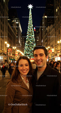 Smiling Couple Enjoying Festive Night by Christmas Tree