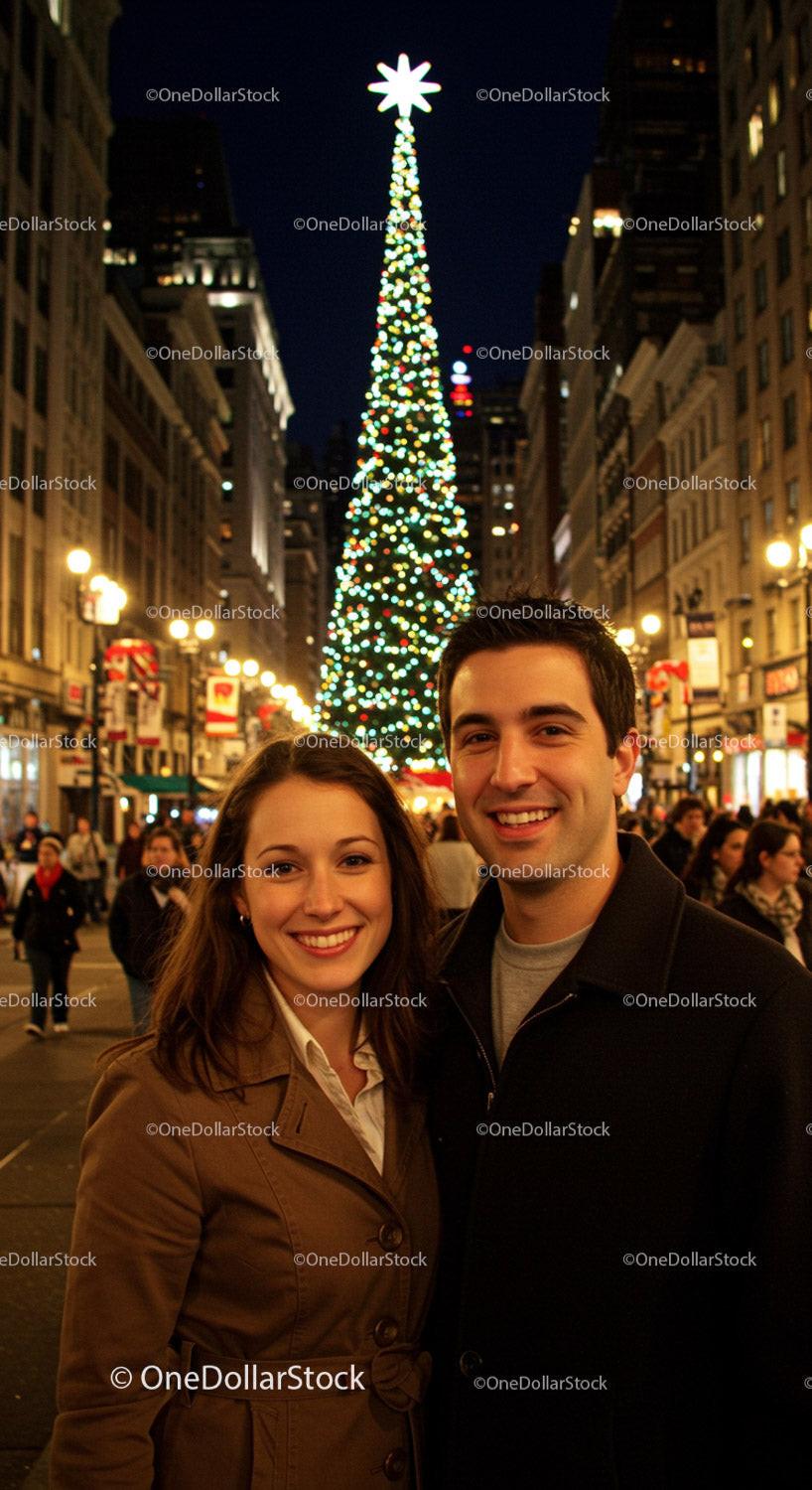 Smiling Couple Enjoying Festive Night by Christmas Tree