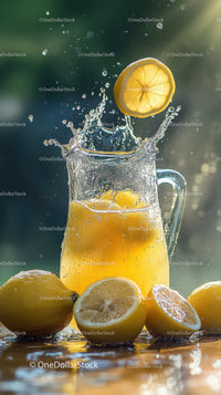 Fresh Lemonade with Sliced Lemons in a Glass Pitcher on Rustic Wooden Surface