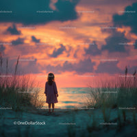 Silhouette of a Child at Sunset by the Ocean Shore