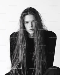 Black and White Portrait of Young Woman with Wavy Hair