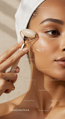 Woman Using Jade Roller for Facial Skincare Treatment