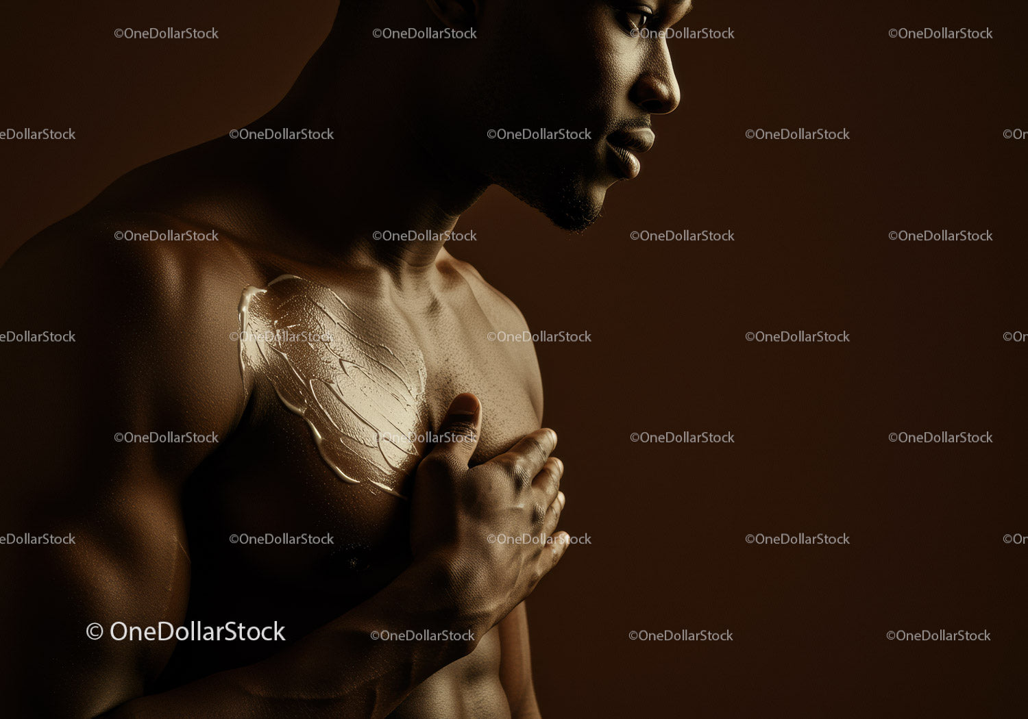 Male Model with Gold Body Paint and Artistic Body Art in Dark Setting