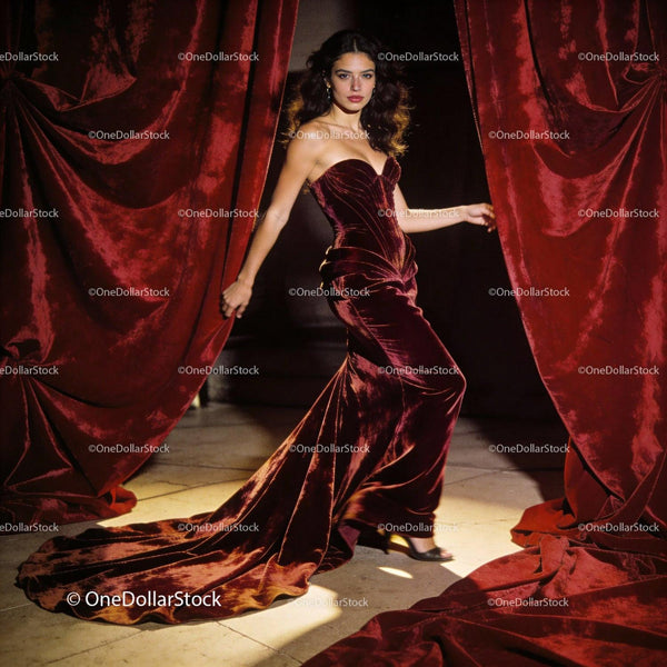 Elegant woman in velvet gown stepping through red curtains