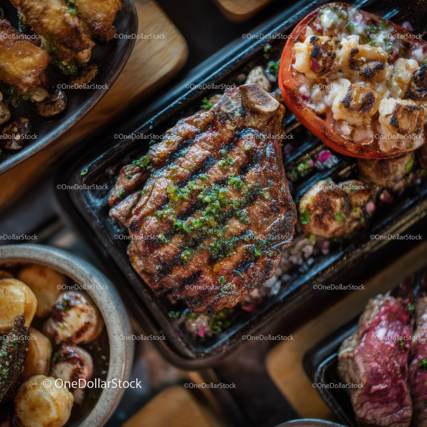 Assorted Grilled Meats and Vegetables on Black Slate Plate
