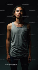 Thoughtful young man in casual tank top against dark background