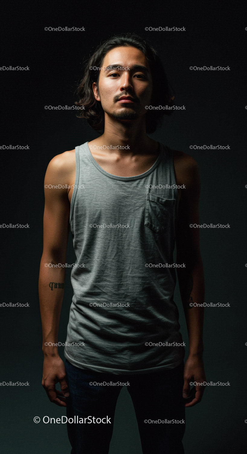 Thoughtful young man in casual tank top against dark background