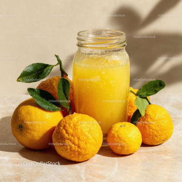 Refreshing Orange Juice with Fresh Oranges on Marble Surface