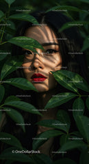 Striking Woman with Red Lips amid Lush Green Tropics