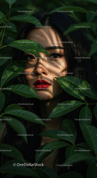 Striking Woman with Red Lips amid Lush Green Tropics
