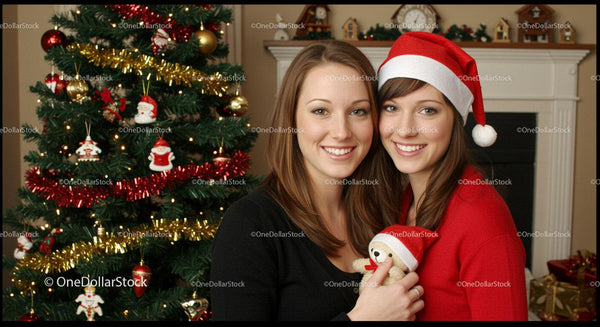 Two friends smiling by decorated Christmas tree indoors