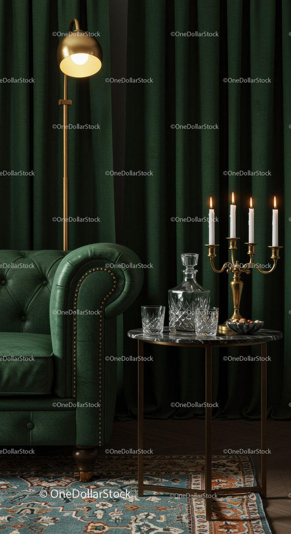 Elegant green leather sofa corner with ambient lighting