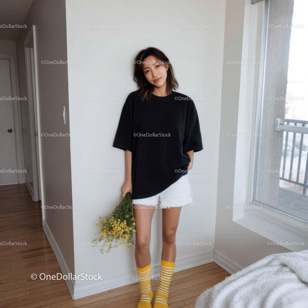 Stylish Young Woman Wearing Black T-Shirt and White Shorts Holding Flowers