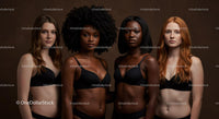 Diverse women in black lingerie standing confidently