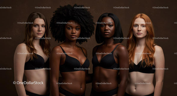 Diverse women in black lingerie standing confidently