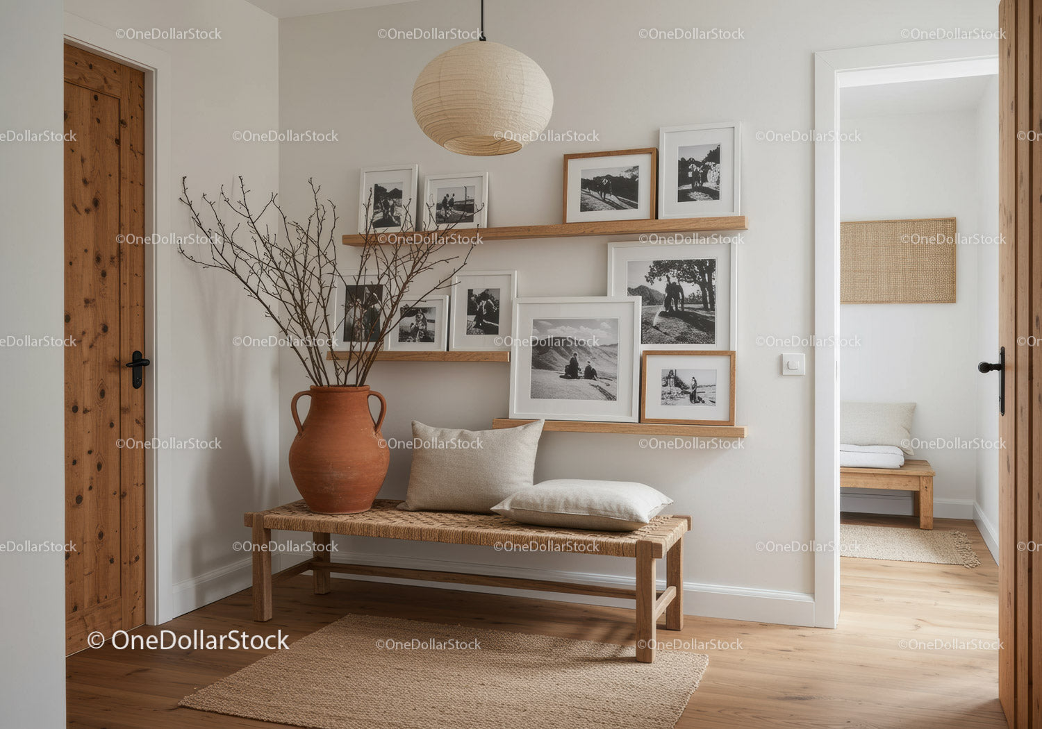Cozy minimalist hallway with rustic wooden bench and decor