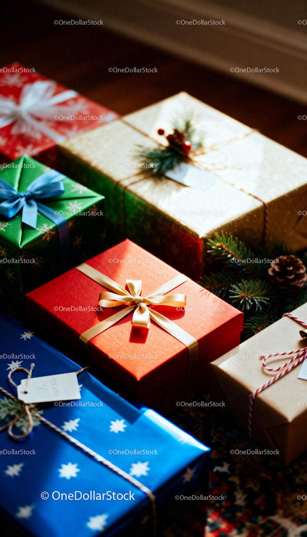 Colorful Christmas presents wrapped with festive ribbons
