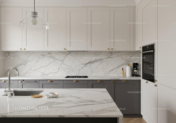Modern Kitchen with Marble Countertops and Gray Cabinets