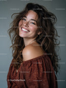 Bright and Happy Woman with Brown Curly Hair in Studio Portrait