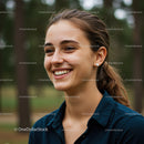 Young Woman Smiling Outdoors with Natural Light in Casual Attire