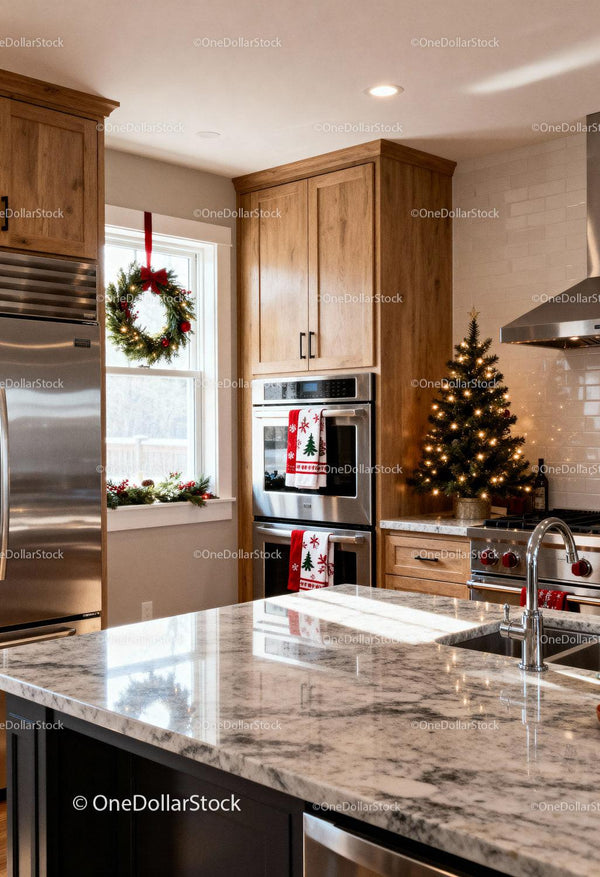 Modern kitchen with festive Christmas decorations