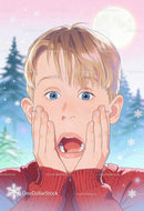 Surprised boy wearing red sweater in snowy winter night