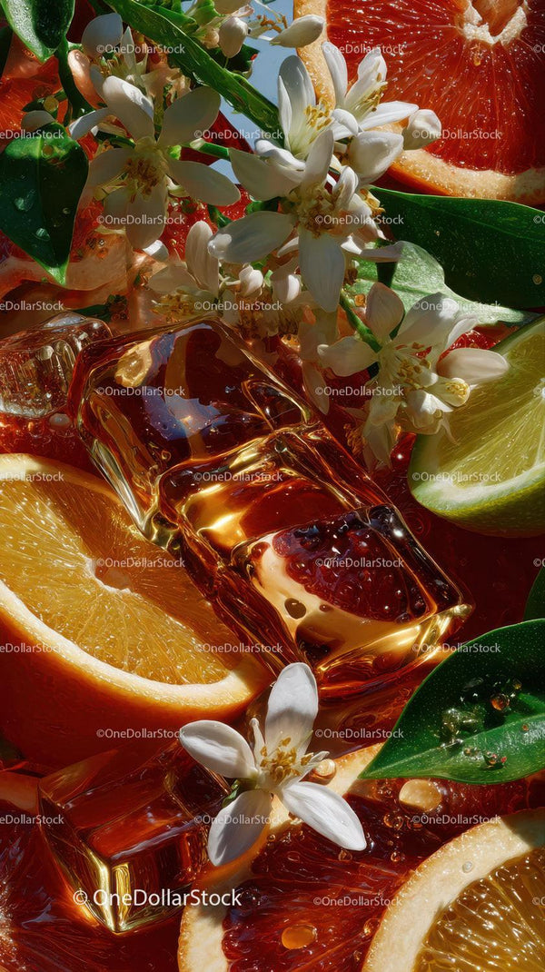 Fresh Citrus Fruits with Ice Cubes and White Flowers for Summer