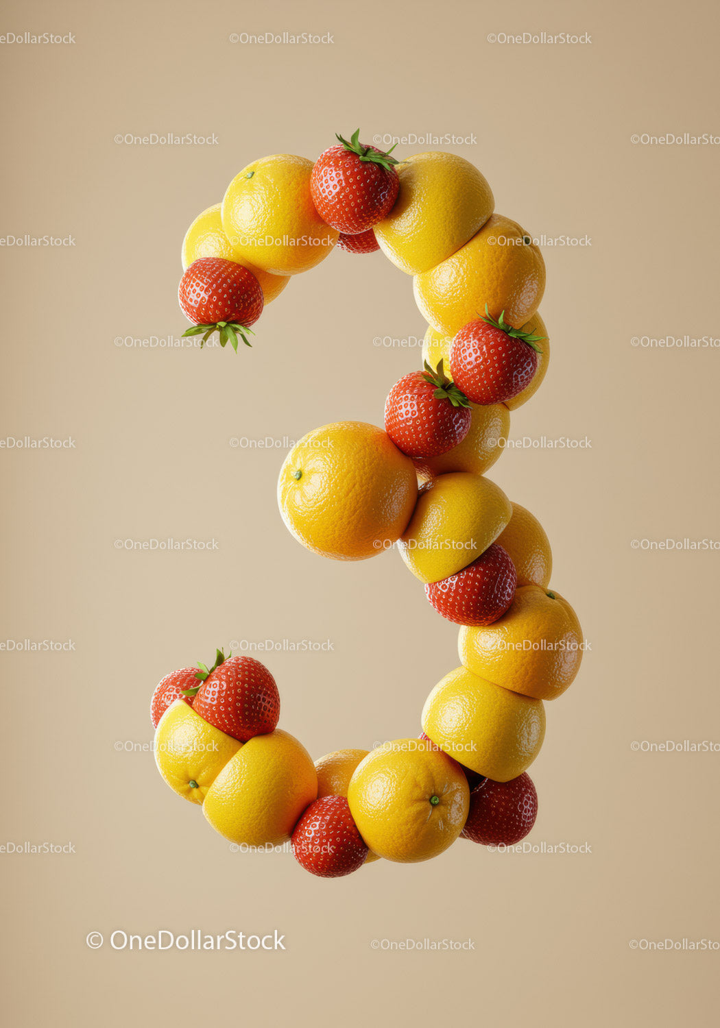 Number three made of fresh oranges and strawberries