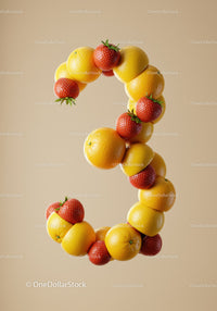 Number three made of fresh oranges and strawberries