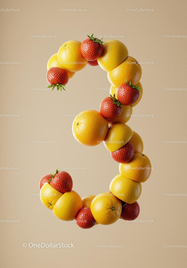 Number three made of fresh oranges and strawberries