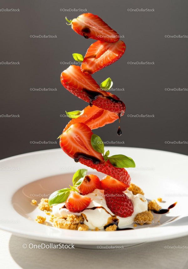 Floating sliced strawberries with cream and balsamic drizzle