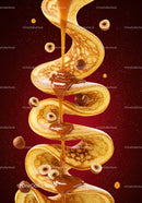 Swirling pancakes with hazelnuts and flowing caramel sauce