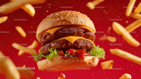 Juicy Cheeseburger with Lettuce and Tomato in Crispy Fries Background