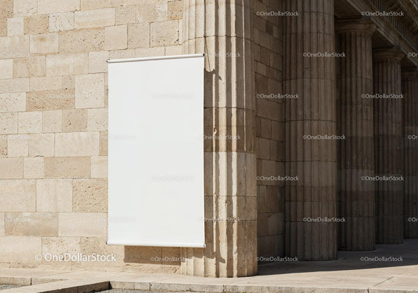 Blank White Banner Hanging on Stone Pillars JPG Mockup Image