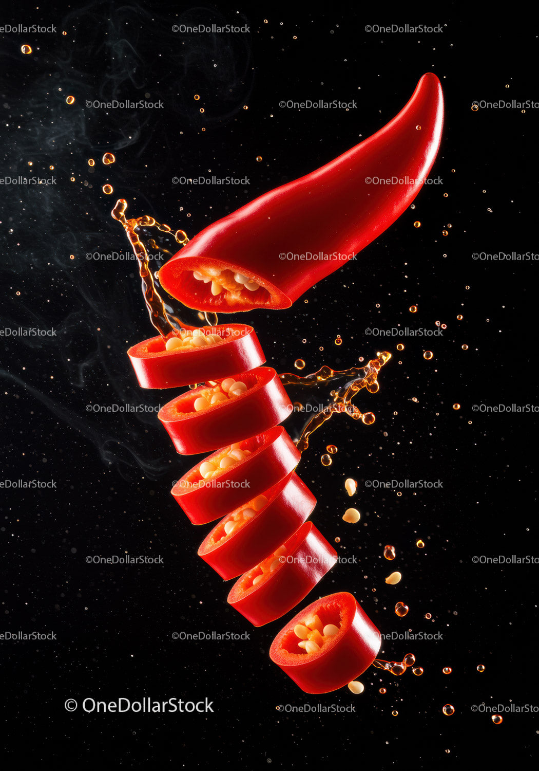 Sliced red chili pepper with seeds and splash on black