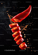 Sliced red chili pepper with seeds and splash on black