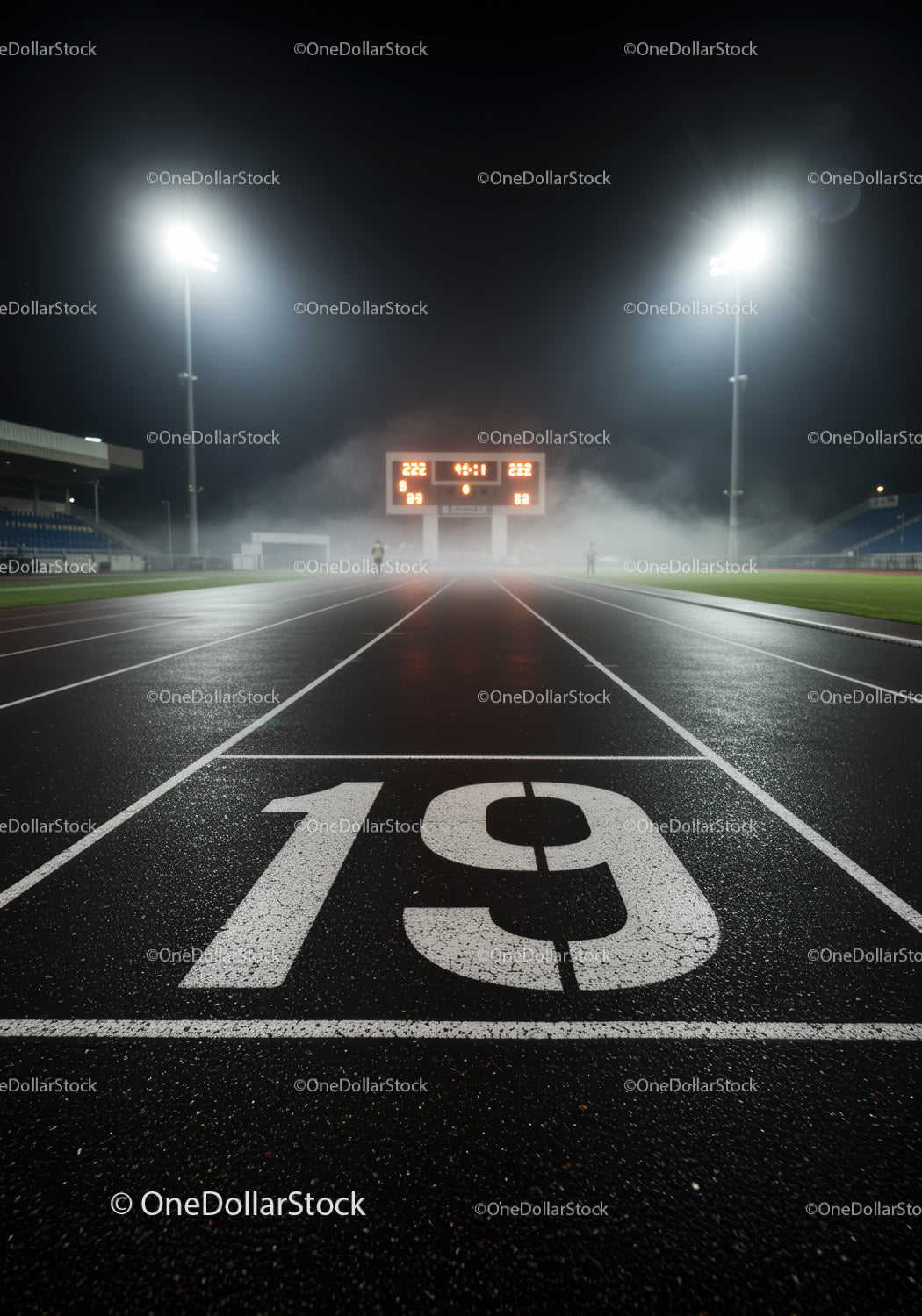Empty running track lane 19 under stadium lights at night