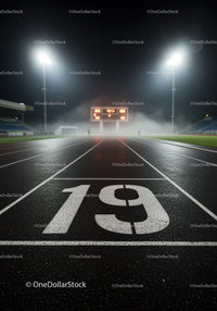 Empty running track lane 19 under stadium lights at night