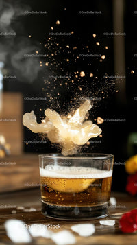 Cream Splashing in a Glass of Beer with Effervescent Bubbles