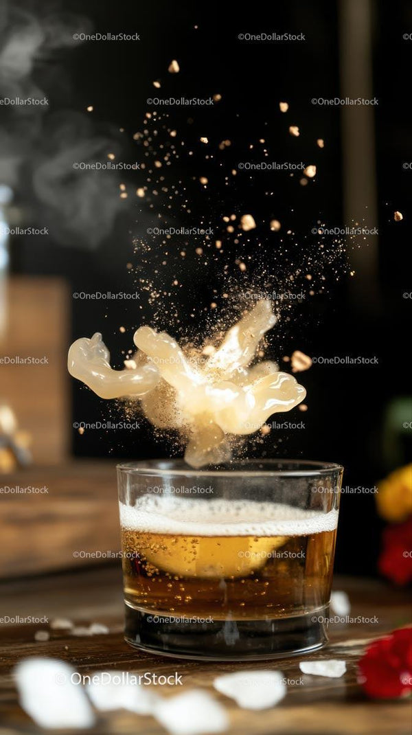 Cream Splashing in a Glass of Beer with Effervescent Bubbles
