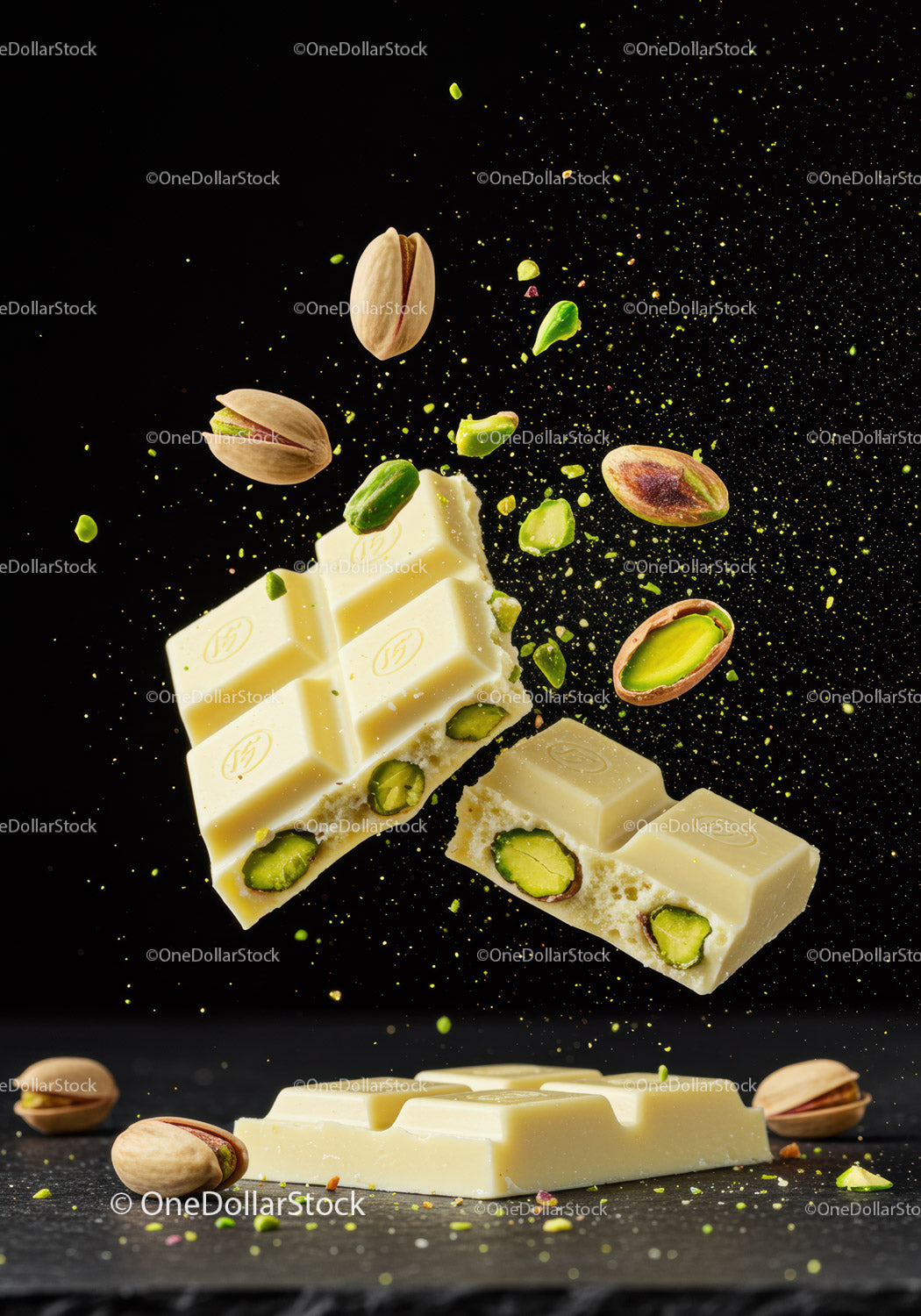 Biała czekolada z pistacjami w ruchu
