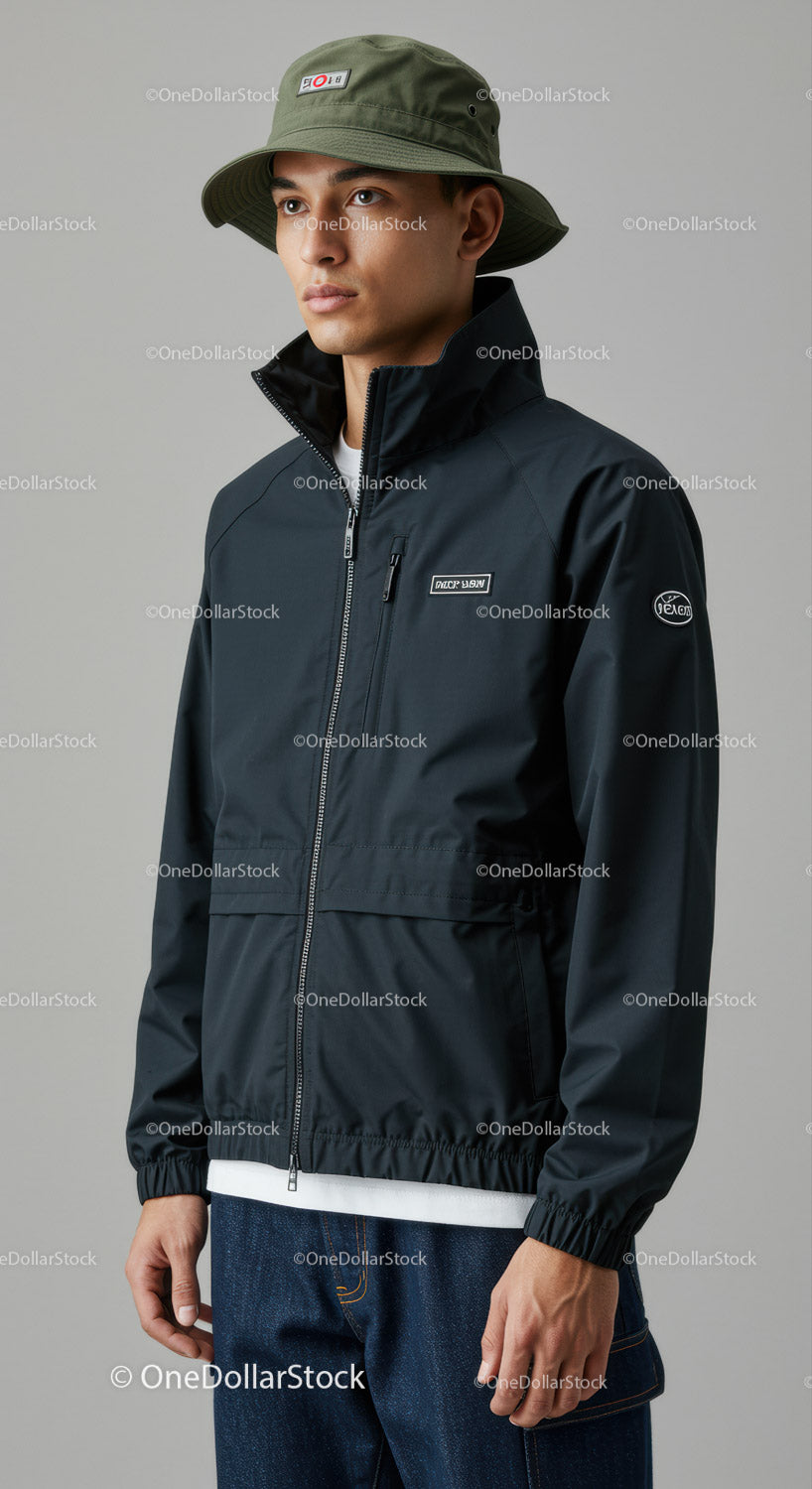 Stylish Young Man in Black Jacket and Bucket Hat for Casual Fashion