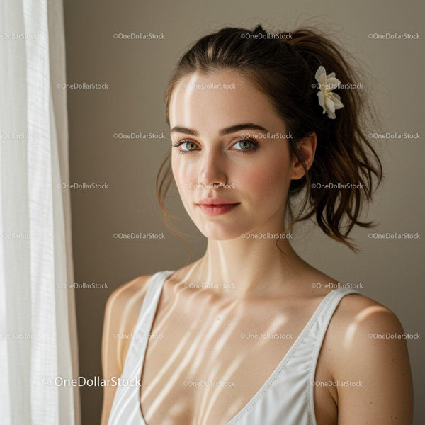 Portrait of a Young Woman with Blue Eyes and Floral Hair Accessory