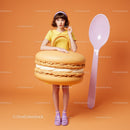 Young woman holding giant macaron purse with huge spoon